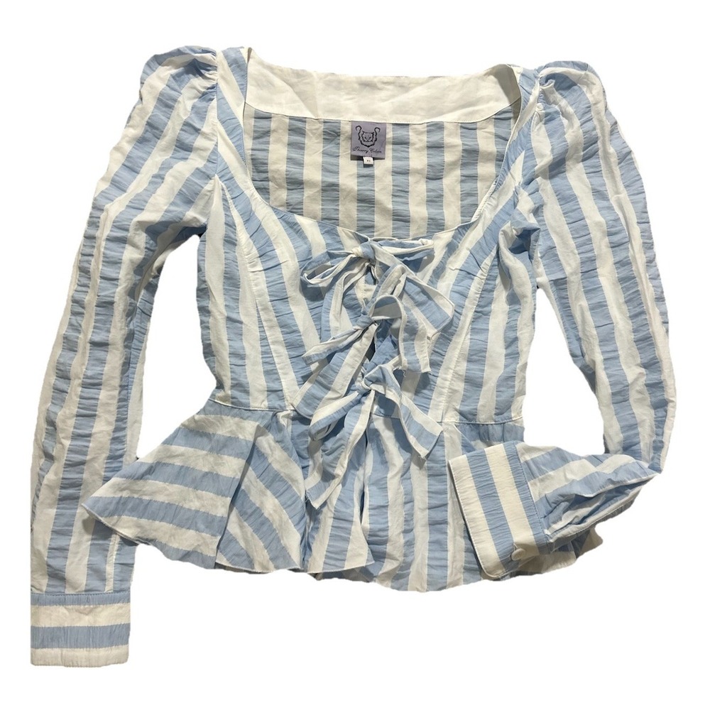 Thierry Colson Women's XS Cotton Peplum Blue And White Stripe Blouse Tie Front